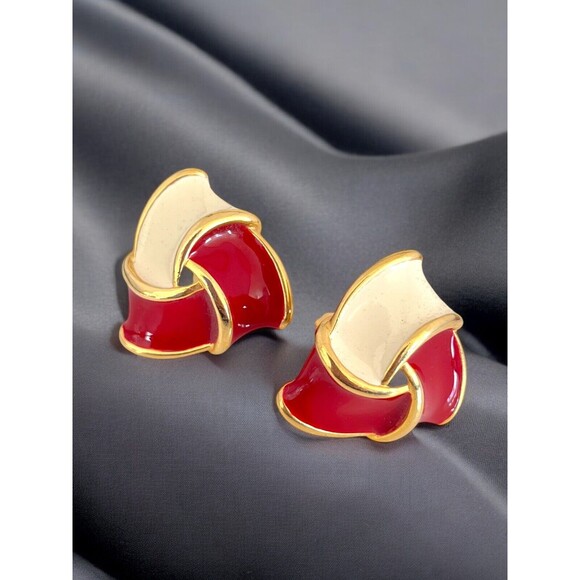 Vintage Bracelet Earring Set Red & Cream Enamel Gold Tone 9I - Picture 2 of 12